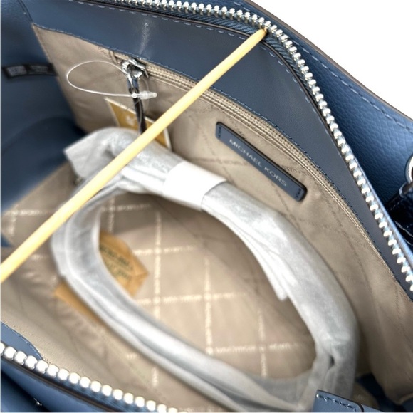 Michael Kors Large Reed Leather Belted Satchel Crossbody Bag Blue Snakeskin - Picture 10 of 12